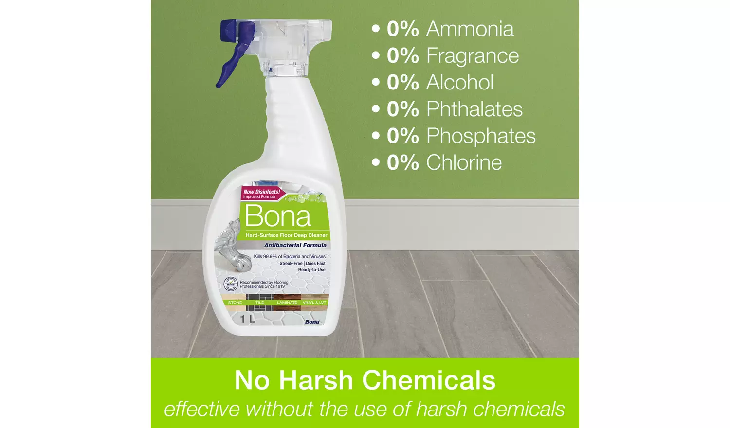 Bona 1L Antibac Hard Floor Cleaning Solution Spray Pack of 2