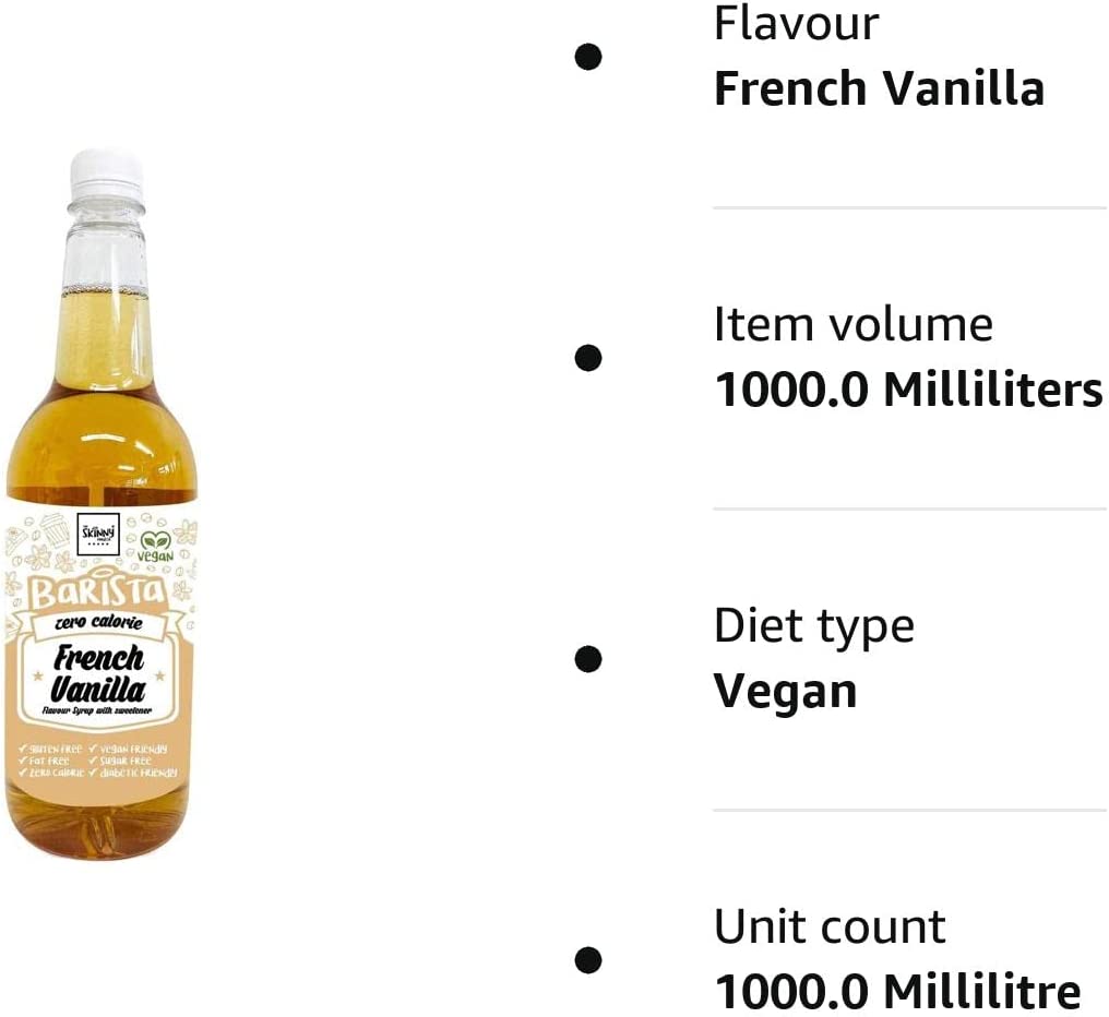 Skinny Food Co French Vanilla Sugar Free Syrup 1L - Zero Calorie Coffee Syrup for Coffee, Tea, Hot Chocolate, Fruit, Protein Drinks - Vegan-Friendly, Gluten-Free & Fat-Free - Sugar Free Coffee Syrups
